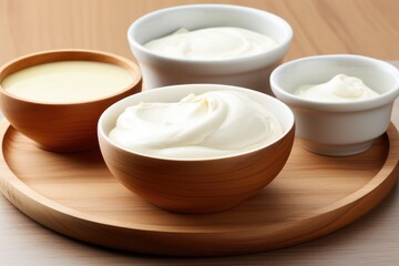 Cream, Mayonnaise, And Yogurt In Wooden Bowl