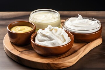 Obraz na płótnie Canvas Wooden Bowl Containing Cream, Mayonnaise, And Yogurt