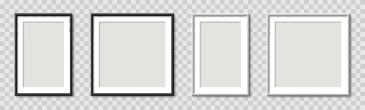 Picture photo frame realistic set empty mockup, wall presentation, frames with shadow, blank frame border mockups, isolated pictures frames mock-up in different forms - stock vector
