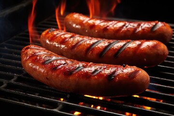 Grilled Juicy Sausages On Grill - obrazy, fototapety, plakaty