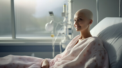 Beautiful bald female patient lies in a hospital bed and smiles. Concept of cancer patients and the consequences of chemotherapy for the treatment of oncology.