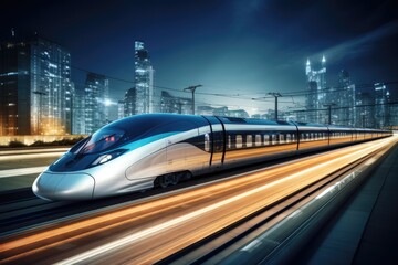High Speed Train At Station With Blurred Cityscape At Night