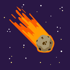 Flying asteroid, Burning comet on background of night sky. Dangerous space object. Astronomical object with tail vector design illustration