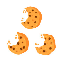 Bite of dessert crumble. Biscuit Bread crumb. Chocolate sweetness bakery. Flat cartoon illustration. Set of Eaten cookies.