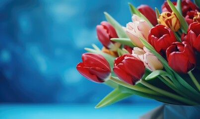 Bouquet of flowers tulips beautiful. Background flowers for the holidays Valentine's Day, Birthday, Happy Woman Day, Mother's Day. Holiday poster and banner