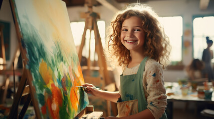 little beautiful girl draws on an easel in an art studio, drawing school, child, childhood, creativity, kid, smiling face, portrait, brush, paints, still life, picture, interior, student, master class