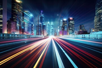 Fototapeta na wymiar Futuristic Mega City Illuminated By Speeding Light Trails And Neon Background
