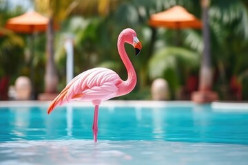 Vibrant Pink Flamingo Toy By A Turquoise Pool In The Tropical Paradise