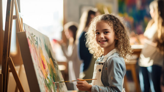 little beautiful girl draws on an easel in an art studio, drawing school, child, childhood, creativity, kid, smiling face, portrait, brush, paints, still life, picture, interior, student, master class