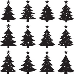 Silhouette Solid Vector Icon Set Of Christmas Tree, Yule tree, Fir tree, Tannenbaum, Evergreen, Conifer, Pine tree, Holiday tree, Festive tree, Decorated tree, Seasonal tree.