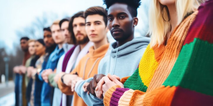 Group of lgbt people holding hands outside, Diverse happy friends hugging outdoors, Gay pride concept with crowd of guys and girls standing together on city street.