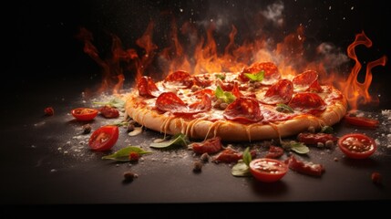 Pizza advertisement menu banner with copy space area. Pizza with flying ingredients and spices hot ready to serve and eat - obrazy, fototapety, plakaty