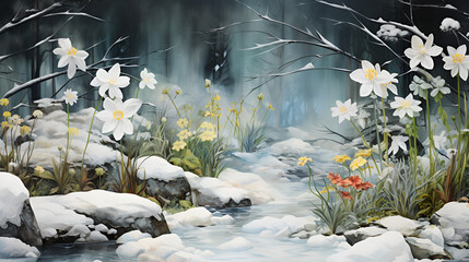 Flowers are growing in the snow on a snowy day ,Painting of a stream running through a lush green forest filled with water lilies generative ai