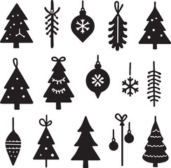 Silhouette Solid Vector Icon Set Of Christmas Tree, Yule tree, Fir tree, Tannenbaum, Evergreen, Conifer, Pine tree, Holiday tree, Festive tree, Decorated tree, Seasonal tree.