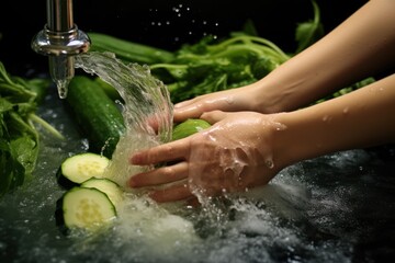  a person washing cucumbers in a sink with a faucet and water running from the faucet to the other side of the faucet.