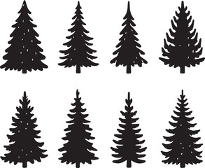 Obraz premium Silhouette Solid Vector Icon Set Of Christmas Tree, Yule tree, Fir tree, Tannenbaum, Evergreen, Conifer, Pine tree, Holiday tree, Festive tree, Decorated tree, Seasonal tree.