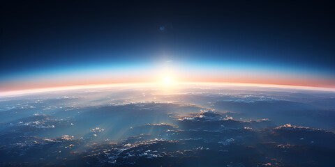 Sunrise view of the planet Earth from space with the sun setting over the horizon. 