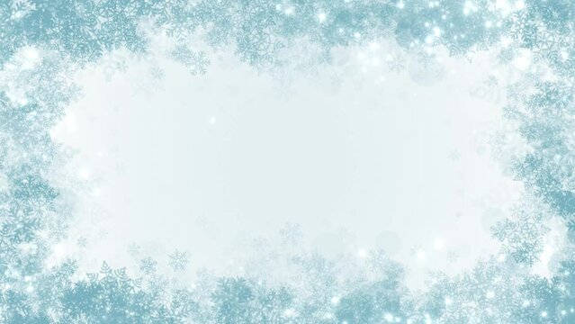 Elegant Christmas and winter background with a frame of lights and  blue snowflakes animated in a loop and copy space 