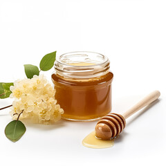 Jar of honey dipper. Linden honey. White background.  Generative AI