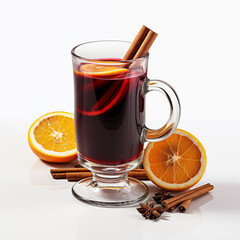 mulled wine with spices and orange isolated on white background.  Generative AI