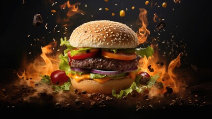 Burger advertisement menu banner with copy space area. Burger with flying ingredients and spices hot ready to serve and eat