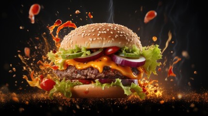 Burger advertisement menu banner with copy space area. Burger with flying ingredients and spices hot ready to serve and eat