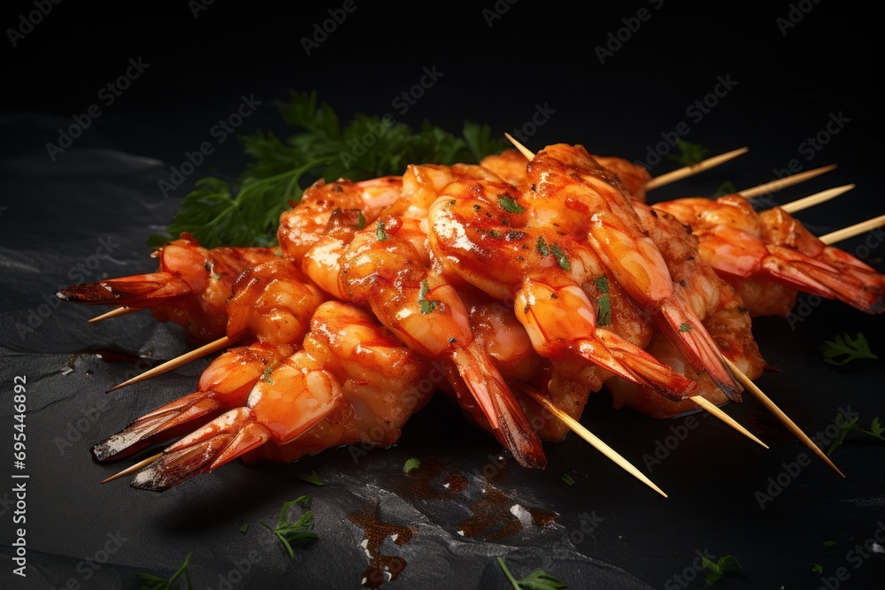 Poster  a pile of shrimp skewers with toothpicks on top of them and garnished with parsley on a black surface with a sprig of parsley.