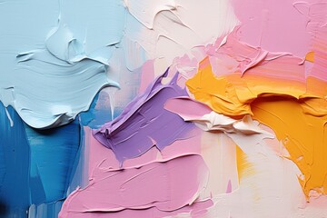  a close up of paint on a wall with multiple colors of paint on the wall and one of the paint colors is blue, yellow, pink, purple, orange, and white.