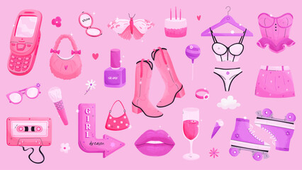 Y2K pink elements. Y2K trendy set of elements with old TV, pink accessories, clothes and more. Pink doll aesthetics. Isolated vector illustrations.