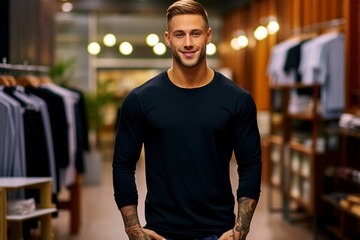 Modern Vlogging Vibes: Black Long Sleeve T-Shirt Mockup Image, Featuring a Stylish Vlogger Posing at the Entrance of a Premium Clothing Boutique - obrazy, fototapety, plakaty