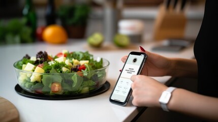 Healthy lifestyle: woman counts calories and manages diet with smartphone app at dining table,...