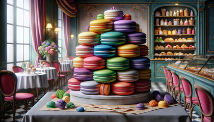 A close or medium shot angle of a colorful macaron tower at a French bakery, expertly crafted from paper and fabric to showcase a variety of textures . - obrazy, fototapety, plakaty