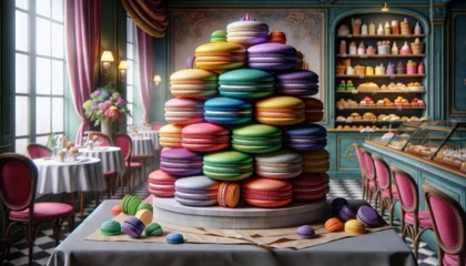 Keuken spatwand met foto A close or medium shot angle of a colorful macaron tower at a French bakery, expertly crafted from paper and fabric to showcase a variety of textures . © FantasyLand86