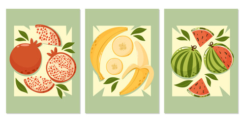Set of abstract posters with fruit composition. Pomegranate, banana, watermelon. Summer modern vector illustration for banner, card, fruit shop, cover, a4 format