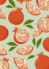Pomegranate background with whole and slices fruits. Summer vitamin vector illustration for banner, poster, flyer, card, notebook. a4 format.