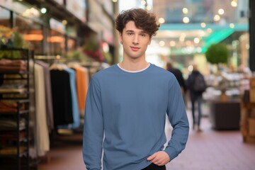 Fototapeta premium Grey Elegance Affair: Vlogger Poses in Front of an Upscale Clothing Store, Modeling a Stylish Grey Long Sleeve T-Shirt in a High-Quality Mockup Image