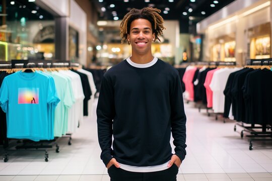 Urban Sophistication: High-Quality Photo Showcasing a Vlogger in a Grey Long Sleeve T-Shirt Mockup, Standing Gracefully in Front of an Exclusive Clothing Store