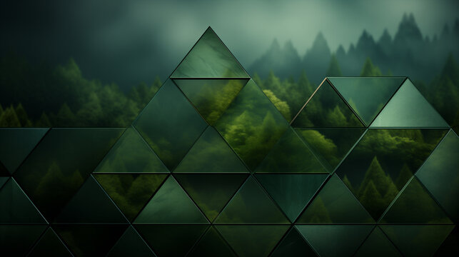 Sfondo digitale astratto con alberi, montagne e forme geometriche trasparenti