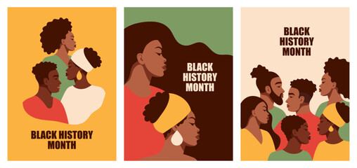 A set of layouts with African Americans. Black men and women. Fist.Black History Month. Cartoon, flat, vector illustration.