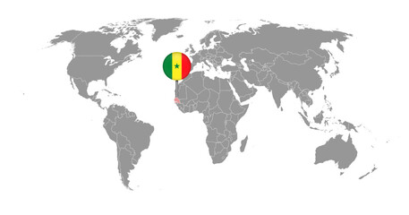 Fototapeta na wymiar Pin map with Senegal flag on world map. Vector illustration.