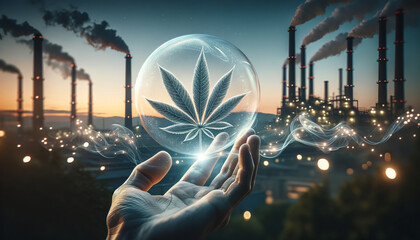 Hand holding air bubbles with maple leaves inside and industrial factory background It represents air pollution that is about to disappear - obrazy, fototapety, plakaty