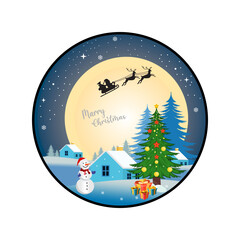 Naklejka premium Vector illustration of winter logo, with snowman, Christmas tree, snow covered house, inside the circle, Suitable for screen printing t-shirts, logos and other uses