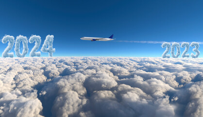 Commercial plane flying with 2023 and 2024 writing on clouds, 3D illustration.