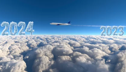 Fotobehang Commercial plane flying with 2023 and 2024 writing on clouds, 3D illustration. © miglagoa
