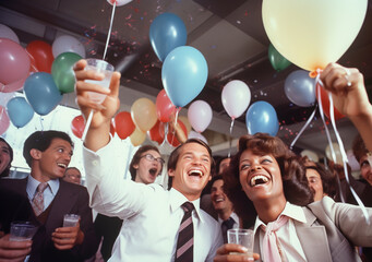 Vintage office celebration party with friends having a great time with old-fashioned clothes and retro style.