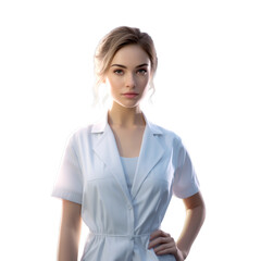 confident young female healthcare professional in a clinical setting on isoated background