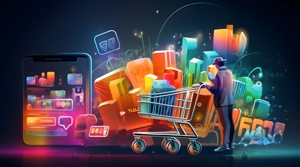 Online shopping, e-commerce concept. A man with a shopping cart and a smartphone. 3d illustration