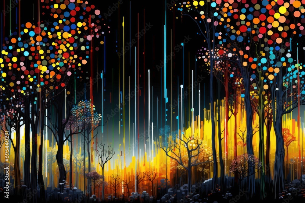 Poster a painting of a forest filled with lots of different colored dots on a black background with a black