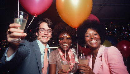 Vintage office celebration party with friends having a great time with old-fashioned clothes and retro style.