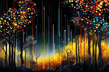  a painting of a forest filled with lots of different colored dots on a black background with a black sky in the background and trees in the foreground with multi - colored dots.